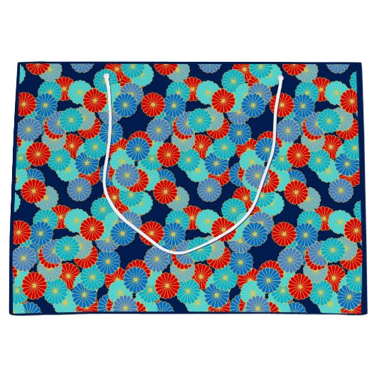 アールデコの花柄 – 青、ターコイズ、赤 ラージペーパーバッグ (正面)