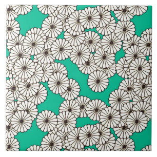 アールデコの花模様-ターコイズの白 タイル