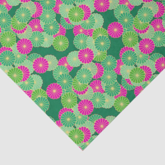 アールデコの花模様-緑の色合い、明るい赤紫色 薄葉紙 (詳細)