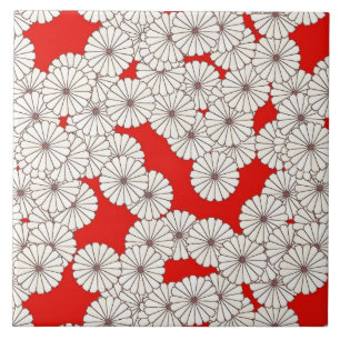 アールデコの花模様-赤の白 タイル