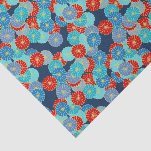 アールデコの花模様-青、ターコイズおよび赤 薄葉紙 (詳細)