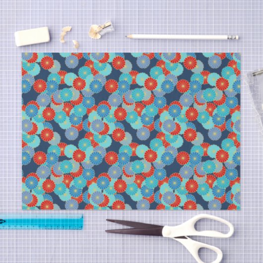 アールデコの花模様-青、ターコイズおよび赤 薄葉紙 (クラフト)