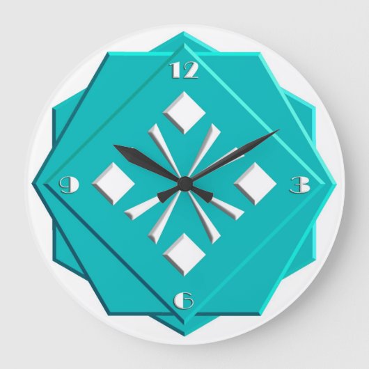 アールデコの青緑の幾何学的なパターン ラージ壁時計 (正面)
