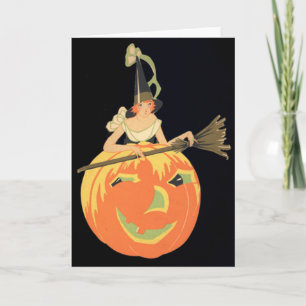 アールデコの魔法使いのハロウィーンのカボチャのちょうちんのカボチャほうき カード