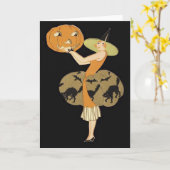 アールデコの魔法使いのハロウィーンのカボチャのちょうちんのカボチャ黒猫 カード (黄色い花)