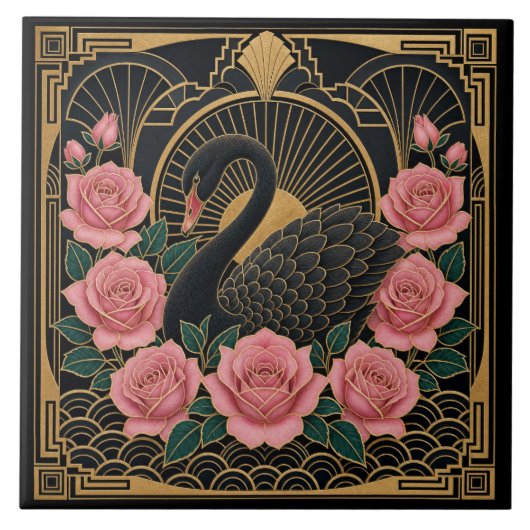 アールデコの黒い白鳥とピンクのバラ タイル (正面)