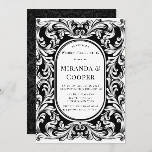 アールデコの黒い結婚葉 招待状 (正面/裏面)