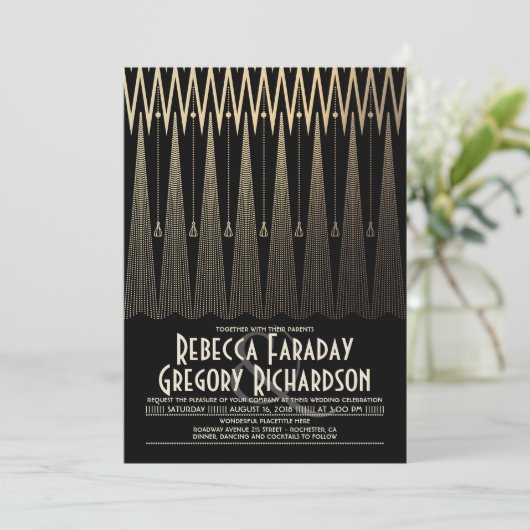 アールデコの黒および金ゴールドのGatsbyのシックな結婚式 招待状 (スタンド正面)