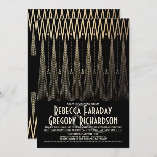 アールデコの黒および金ゴールドのGatsbyのシックな結婚式 招待状 (正面/裏面)