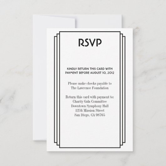 アールデコの黒の積み重ねられたフレームの金ゴールドRSVPの応答 出欠カード (裏面)