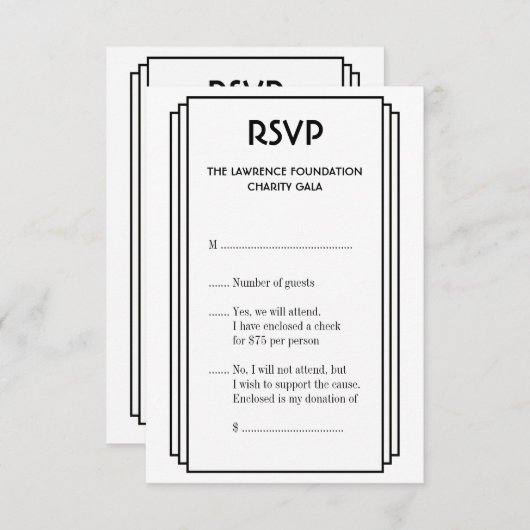 アールデコの黒の積み重ねられたフレームの金ゴールドRSVPの応答 出欠カード (正面/裏面)