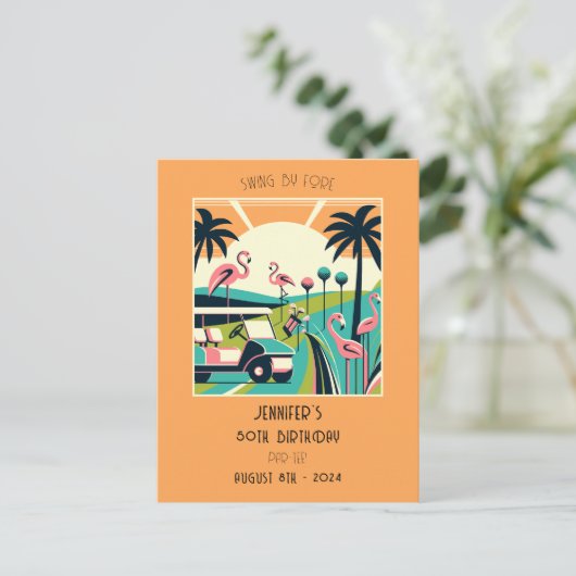 アールデコはっきりしたゴルフ50thバースデーパーティーへの招待 インビテーションポストカード (スタンド正面)