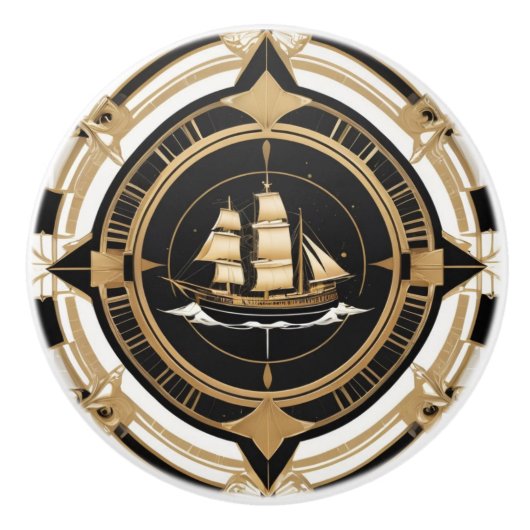 アールデコアンティーク出荷白黒金ゴールド 航海の セラミックノブ (正面)