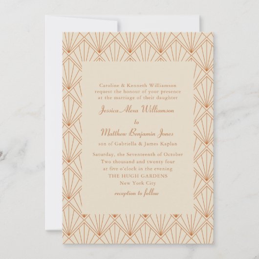 アールデコアートフォーマルバーンオレンジエレガントな結婚式 招待状 (正面)