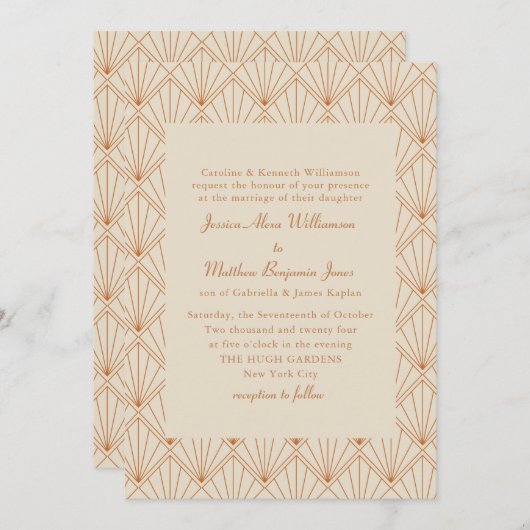 アールデコアートフォーマルバーンオレンジエレガントな結婚式 招待状 (正面/裏面)