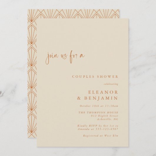 アールデコアート焼けオレンジ色のカップルエレガントのシャワー 招待状 (正面/裏面)