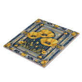 アールデコアールヌーボーイエローポピー花ブルー タイル (側面)