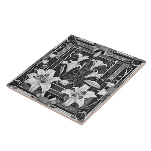 アールデコアールヌーボーホワイトリリーフラワーグレーフローラ タイル (側面)