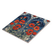 アールデコアールヌーボー赤ポピー花ブルー タイル (側面)