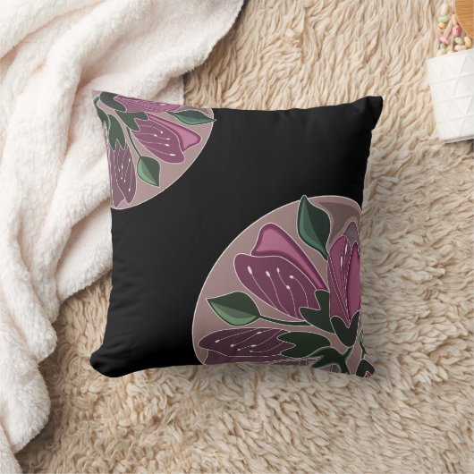 アールデコインスパイアブラックとダスティピンクのフローラ クッション (ブランケット)