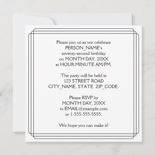 アールデコインスパイア第72回バースデーパーティー、名前をカスタムする 招待状 (裏面)