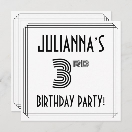 アールデコインスパイア3歳の誕生日パーティー、名前をカスタムする 招待状 (正面/裏面)