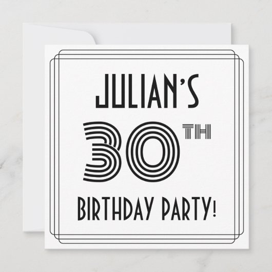 アールデコインスパイア30歳の誕生日パーティー、名前をカスタムする 招待状 (正面)
