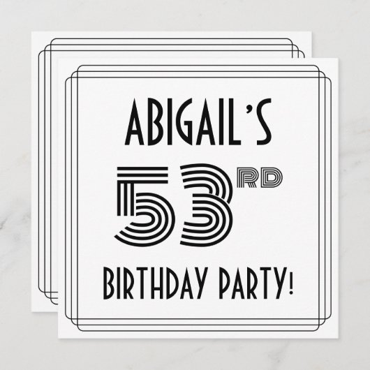 アールデコインスパイア53歳の誕生日パーティー、名前をカスタムする 招待状 (正面/裏面)