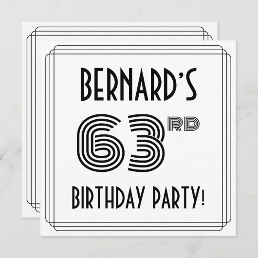 アールデコインスパイア63歳誕生日パーティー、名前をカスタムする 招待状 (正面/裏面)