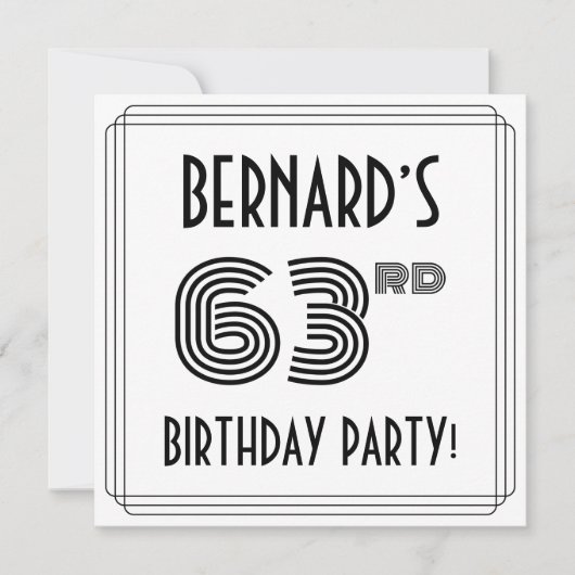 アールデコインスパイア63歳誕生日パーティー、名前をカスタムする 招待状 (正面)