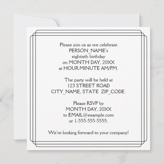 アールデコインスパイア80thバースデーパーティー名前をカスタムする 招待状 (裏面)