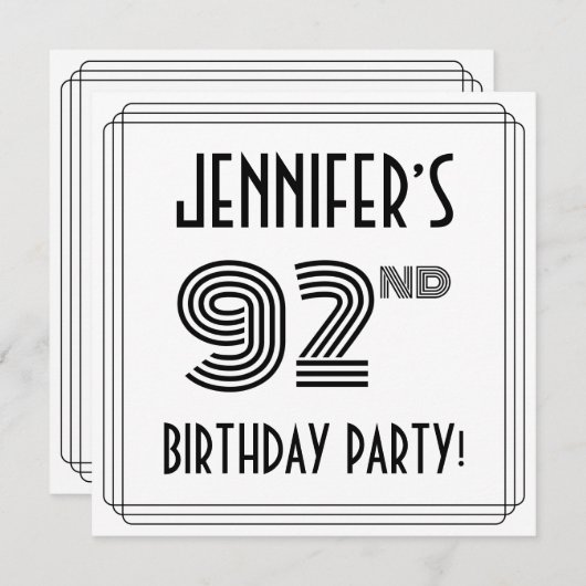 アールデコインスパイア92歳の誕生日パーティー、名前をカスタムする 招待状 (正面/裏面)