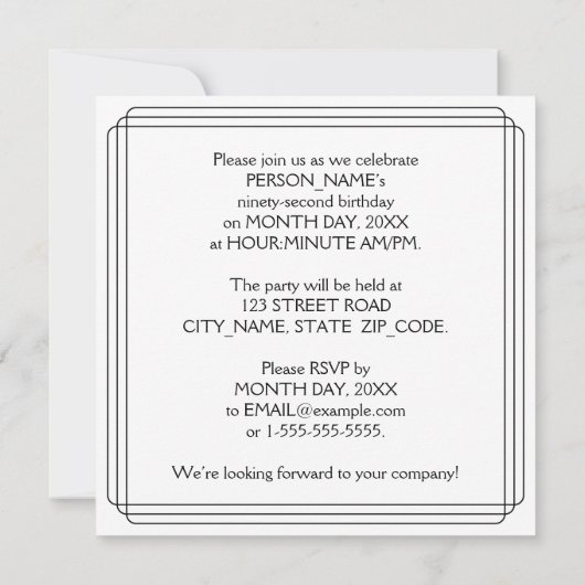 アールデコインスパイア92歳の誕生日パーティー、名前をカスタムする 招待状 (裏面)