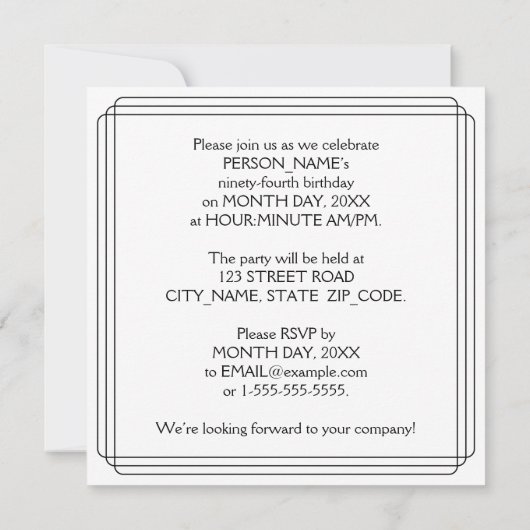 アールデコインスパイア94thバースデーパーティー名前をカスタムする 招待状 (裏面)
