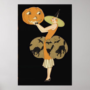 アールデコウィッチハロウィーンのカボチャのちょうちんパンプキンブラックキャット ポスター