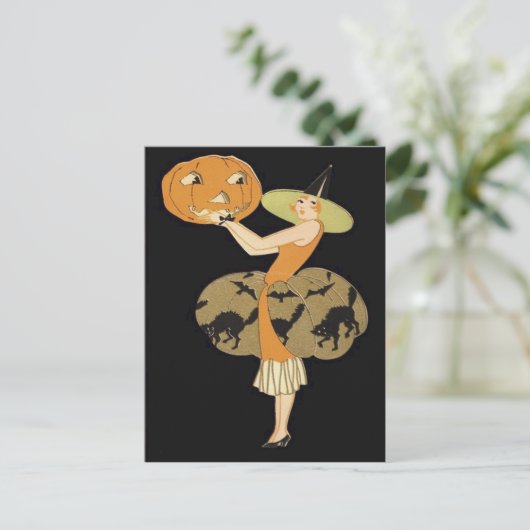 アールデコウィッチハロウィーンのカボチャのちょうちんパンプキンブラックキャット ポストカード (スタンド正面)