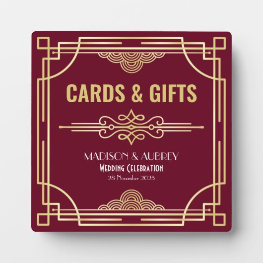 アールデコウェディングカード&ギフト金ゴールドバーガンディーサイン フォトプラーク (正面)