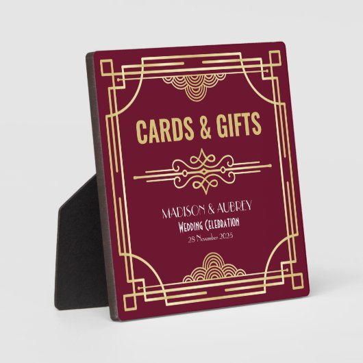 アールデコウェディングカード&ギフト金ゴールドバーガンディーサイン フォトプラーク (正面)