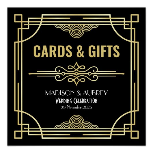 アールデコウェディングカード&ギフト金ゴールドブラックパーティー ポスター (正面)
