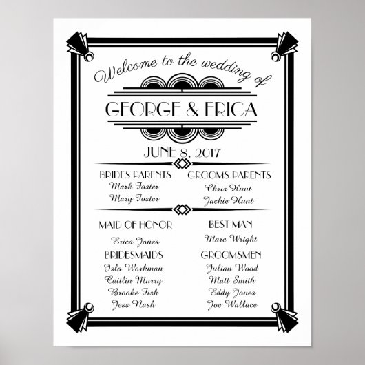 アールデコウェディングプログラム，ウェディングパーティーシルバー ポスター (正面)