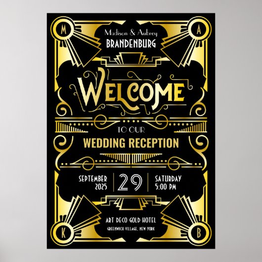 アールデコウェディングレセプションウェルカム金ゴールド&ブラック ポスター (正面)
