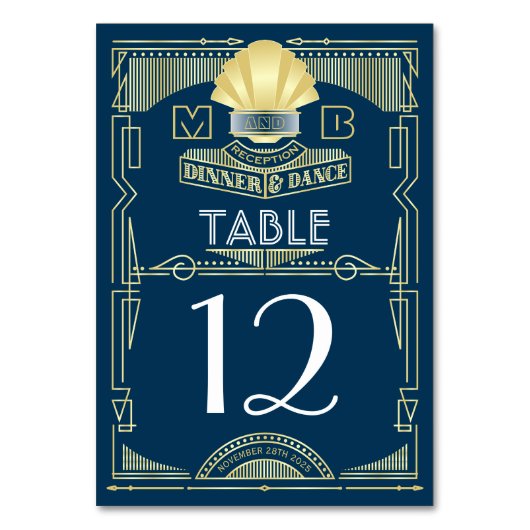 アールデコウェディングレセプションディナーパーティー金ゴールドブルー テーブルナンバー (正面)