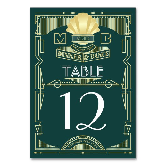 アールデコウェディングレセプションディナーパーティー金ゴールド緑 テーブルナンバー (正面)