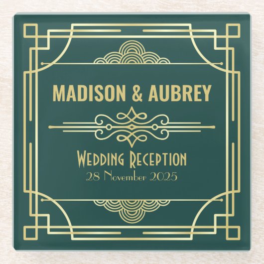 アールデコウェディングレセプションパーティーバー金ゴールドグリーン ガラスコースター (正面)