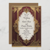 アールデコウェディング招待ブルゴーニュ&金ゴールドヴィンテージ 招待状 (正面/裏面)