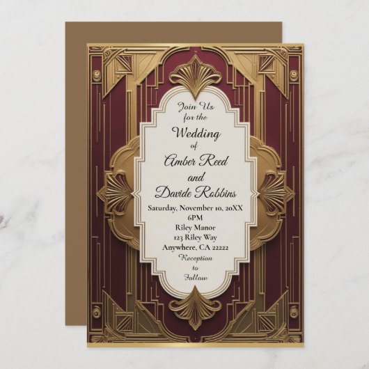 アールデコウェディング招待ブルゴーニュ&金ゴールドヴィンテージ 招待状 (正面/裏面)