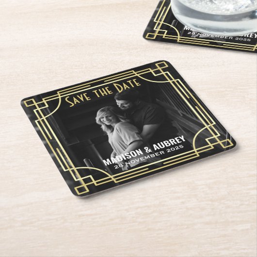 アールデコウェディング日付を保存する写真金ゴールドの追加 スクエアペーパーコースター (アングル)