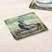 アールデコウェディング日付を保存する写真金ゴールドの追加 スクエアペーパーコースター (アングル)