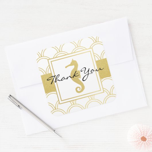 アールデコウェーブ金ゴールドグリッターシーホースありがとう スクエアシール (封筒)