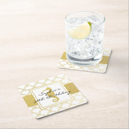 アールデコウェーブ金ゴールドグリッターシーホース誕生日パーティー スクエアペーパーコースター